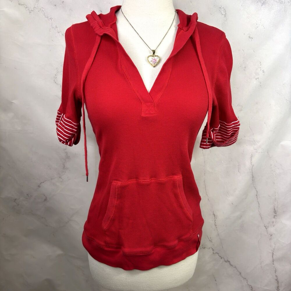 Ralph Lauren Nautical Hoodie Sweatshirt Top Kangaroo Pocket 3/4 Sleeve Red Y2k S